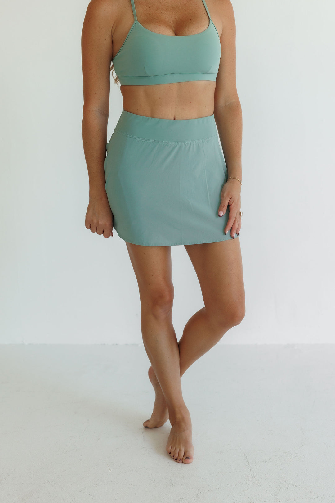 Sage Green "Dakota" Active  A Line Skirt with Pockets in Shorts Liner