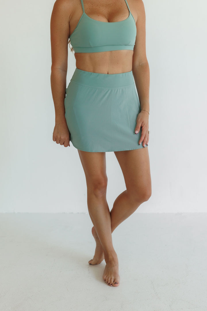 Sage Green "Dakota" Active  A Line Skirt with Pockets in Shorts Liner