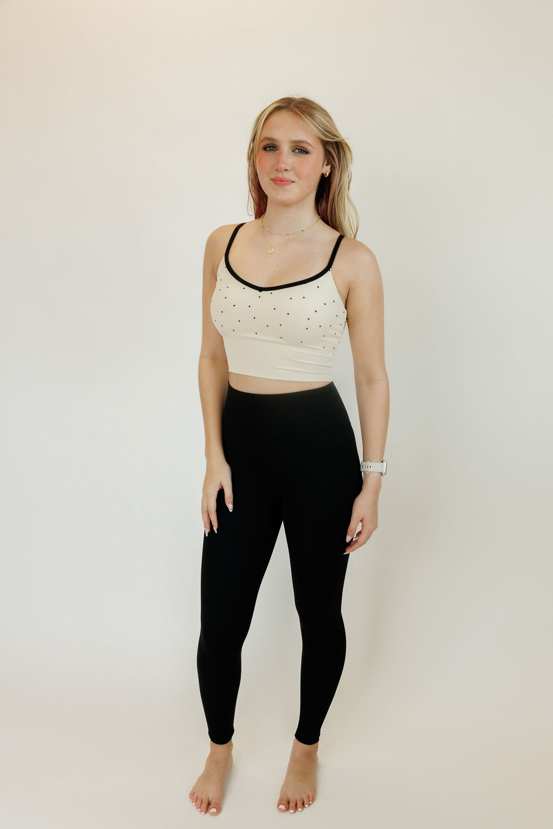 Ivory and Black Polka Dot "Julia" Longline Fixed Pads Sports Bra