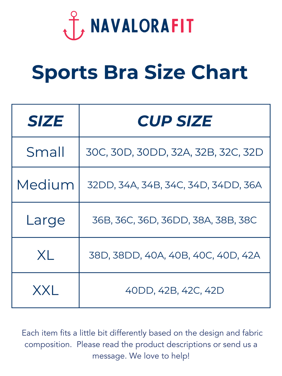 Navalora Fit Bra Size Chart