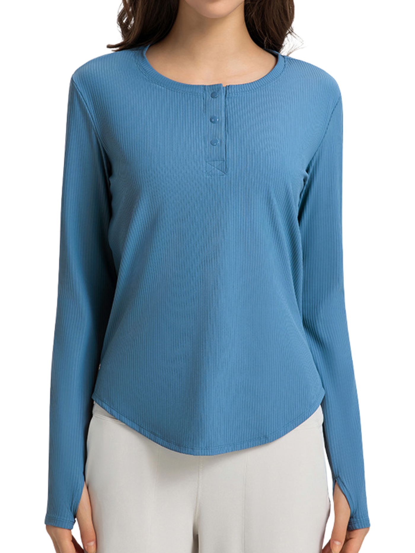 Terracotta Blue Navalora Fit Ribbed Henley Model View