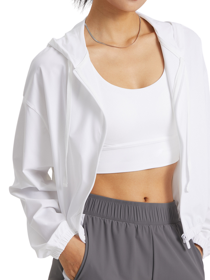 White "Isla" Lightweight Drawstring Hooded Full Zip Jacket