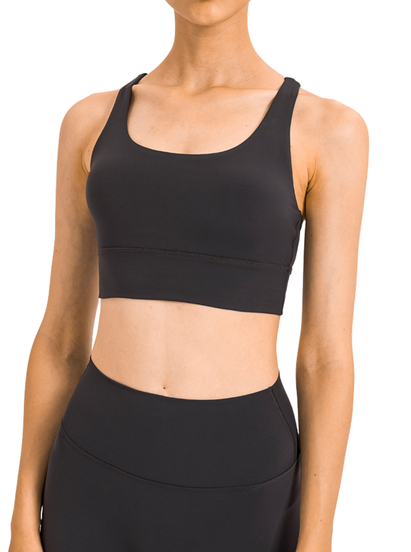 Navalora Fit Amelia Strappy Bra with Removable Pads in Black on Model