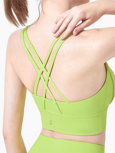 Navalora Fit Amelia Strappy Bra with Removable Pads in Neon Yellow on Model