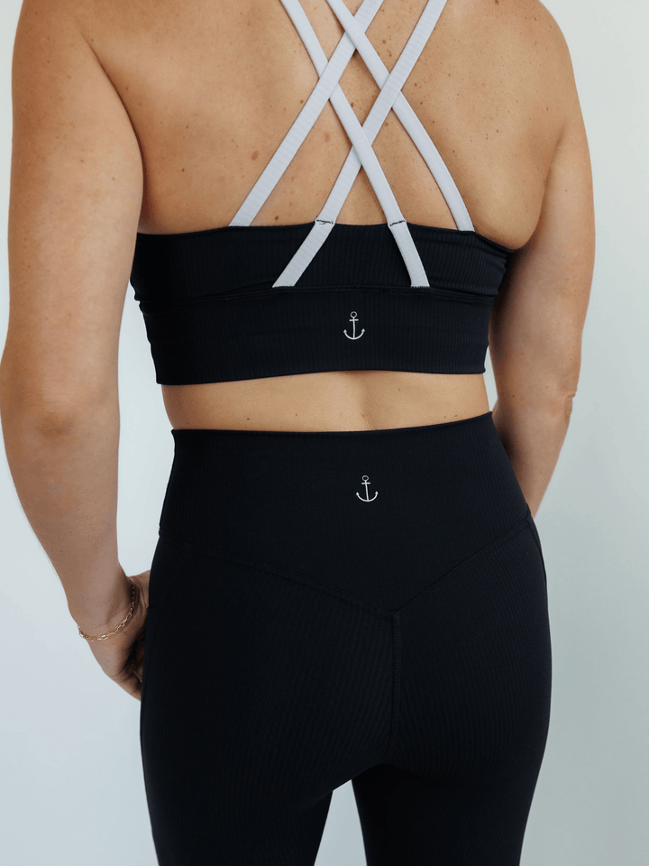 Black Ribbed "Gianna" Strappy Back Sports Bra with Fixed Pads