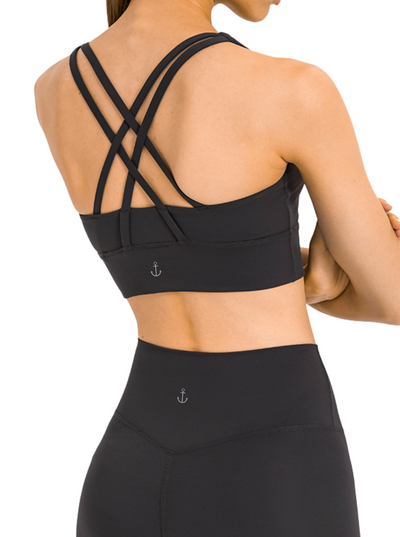 Navalora Fit Amelia Strappy Bra with Removable Pads in Black Back Detail View with Anchor Logo