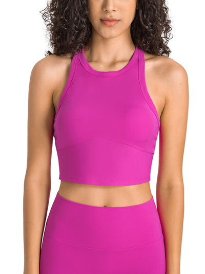 High Neck Longline Bra top with Removable pads in Hot Pink on Model