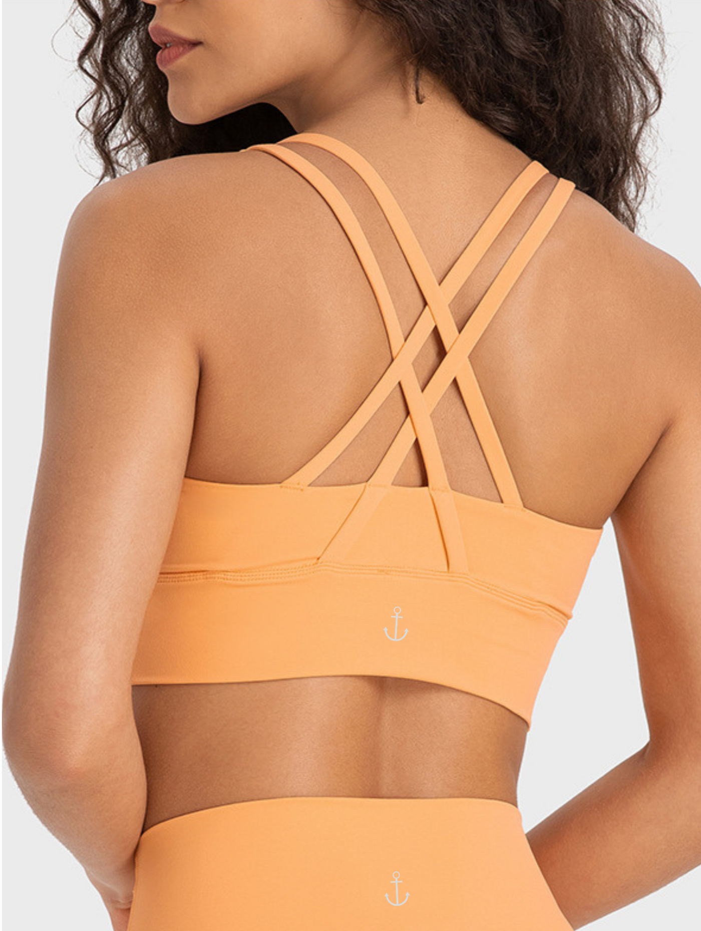 Navalora Fit Amelia Strappy Bra with Removable Pads in Tangerine Back Model View with Anchor Logo