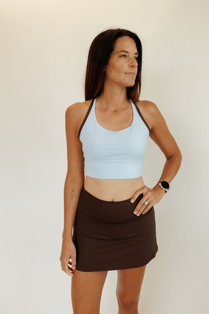 Windmill Blue and Espresso "Everly" Halter Longline Bra with Fixed Pads