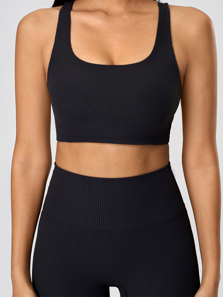 Black Ribbed "Gianna" Twist Open Back Fixed Pads Sports Bra