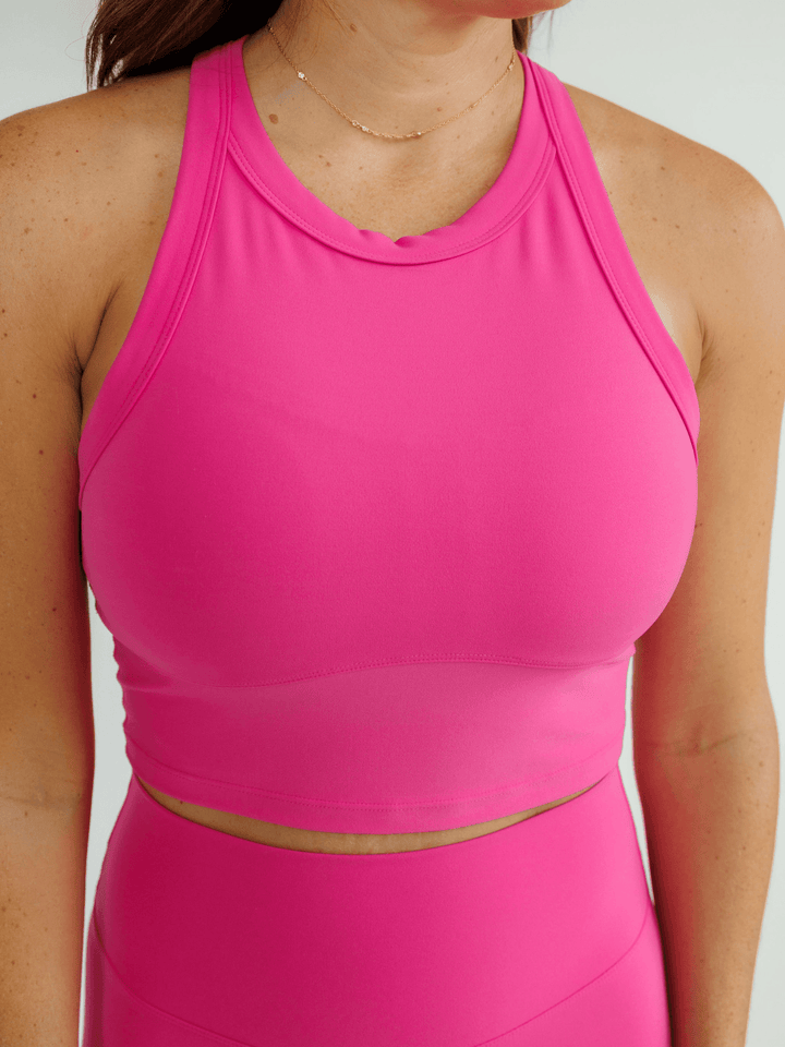 Hot Pink "Avery" Hi-Neck Longline Crop Bra Top