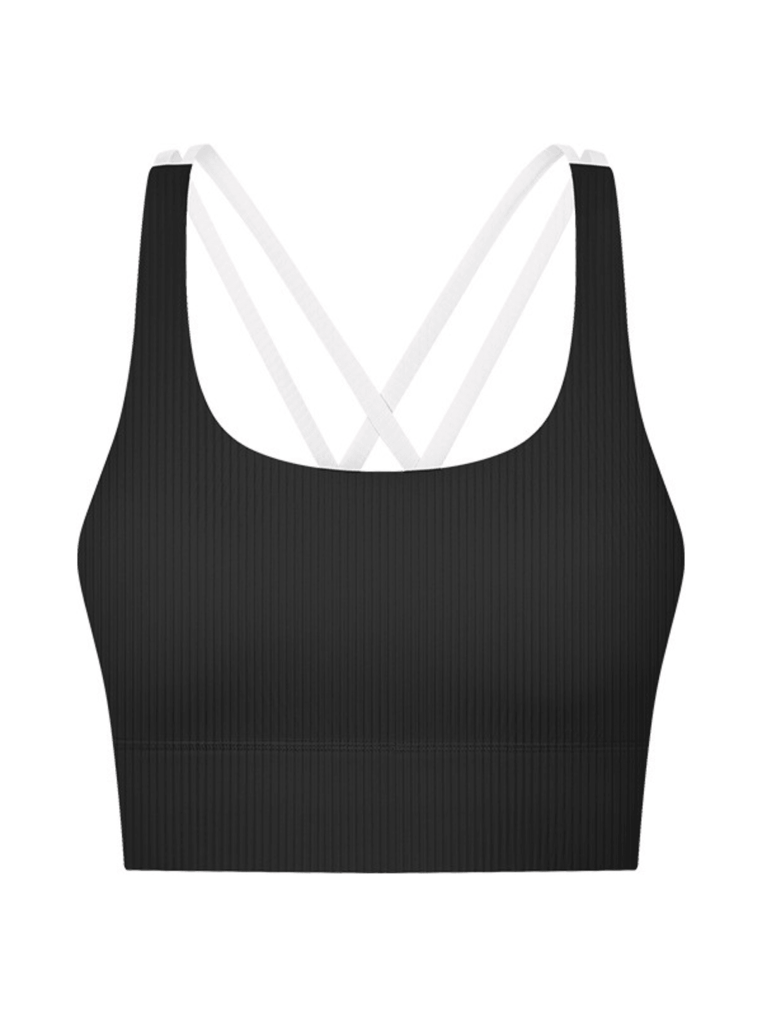 Black Ribbed "Gianna" Strappy Back Sports Bra with Fixed Pads