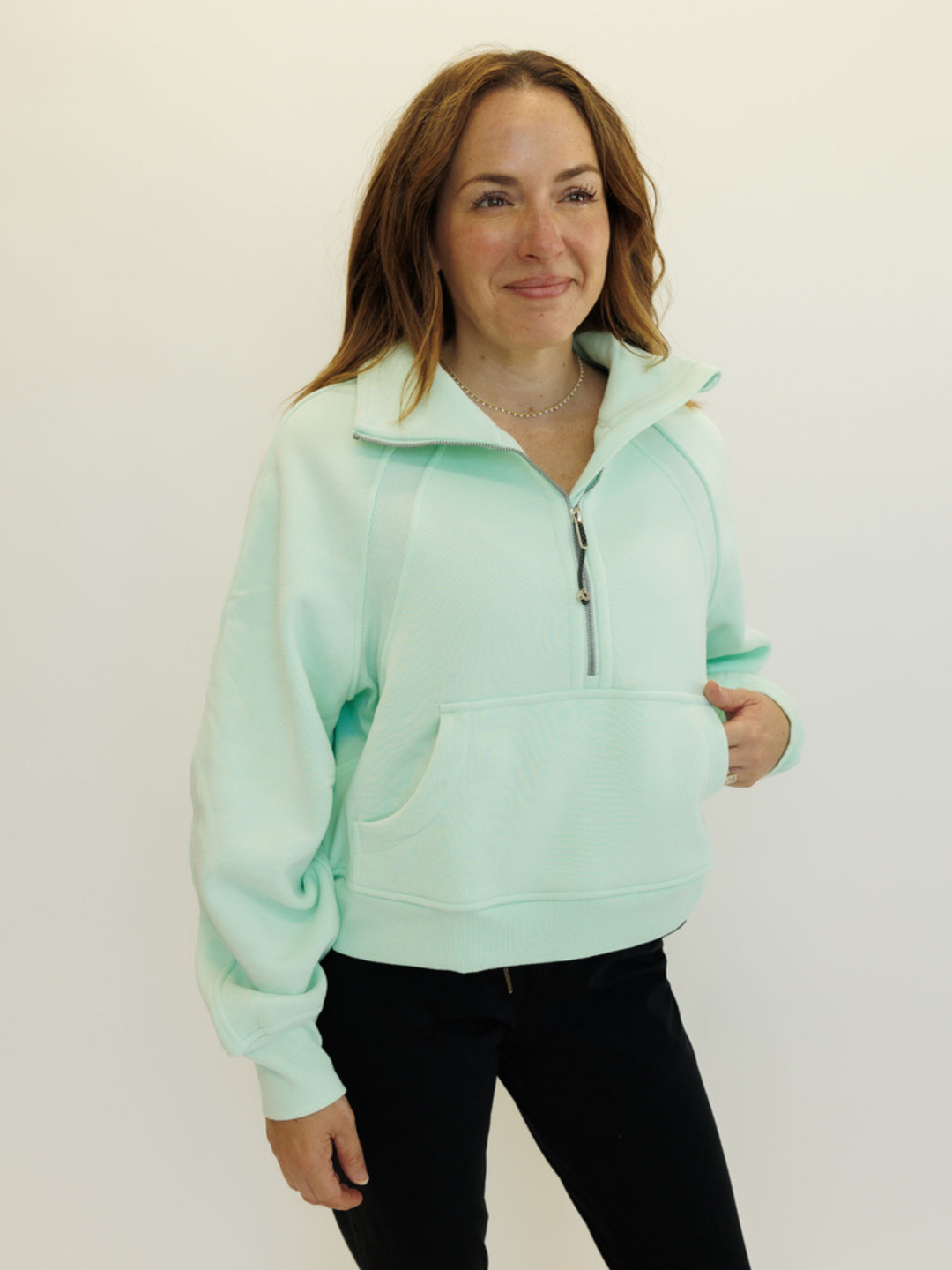 Mint Green "Ella" Fleece Lined Cropped Quarter Zip Pullover