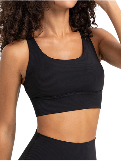 Black Ribbed "Gianna" Strappy Back Sports Bra with Fixed Pads