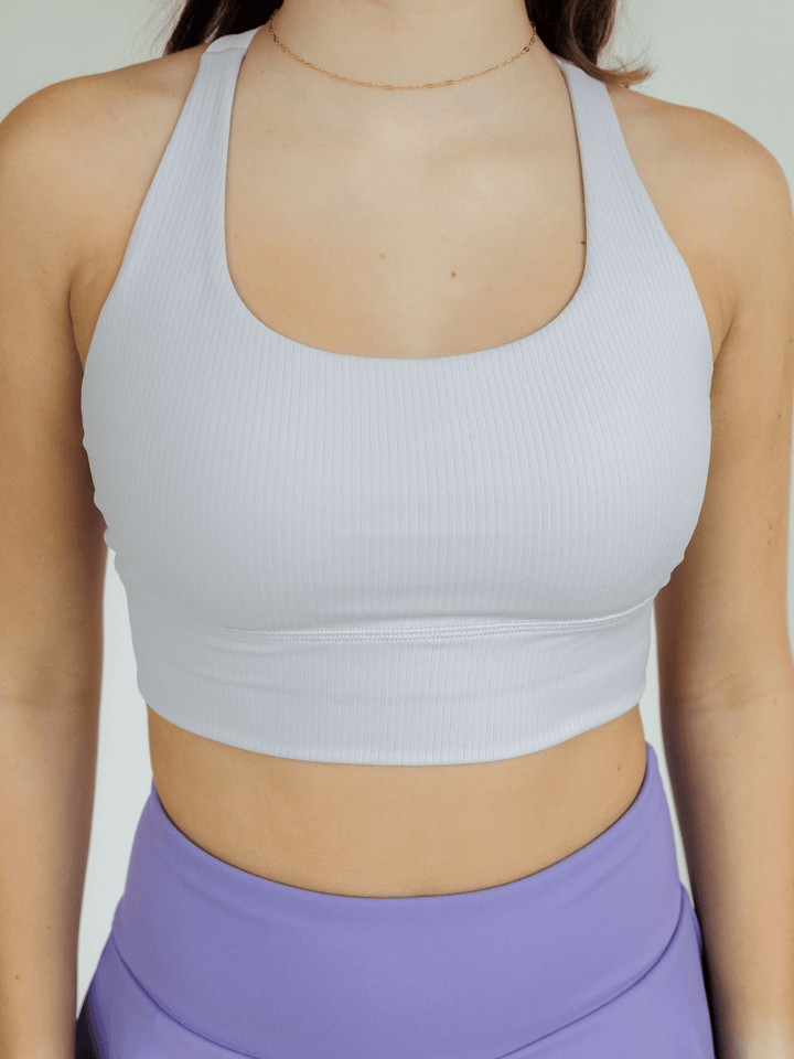 Soft Lilac Ribbed "Gianna" Strappy Back Sports Bra with Fixed Pads