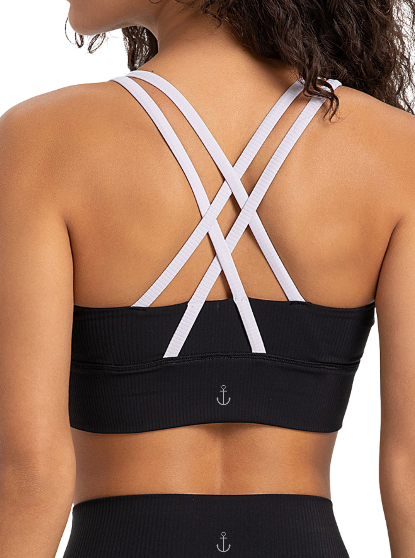 Black Ribbed "Gianna" Strappy Back Sports Bra with Fixed Pads