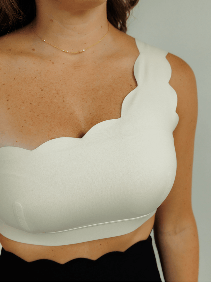 Soft Ivory "Jasmine" Scallop One Shoulder Sports Bra