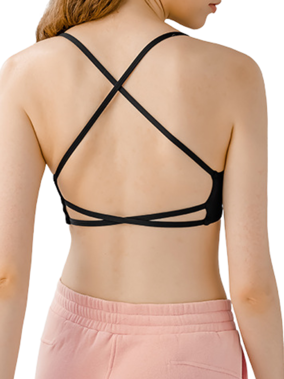 Black "Olivia" Open Back Low Impact Sports Bra with Removable Pads