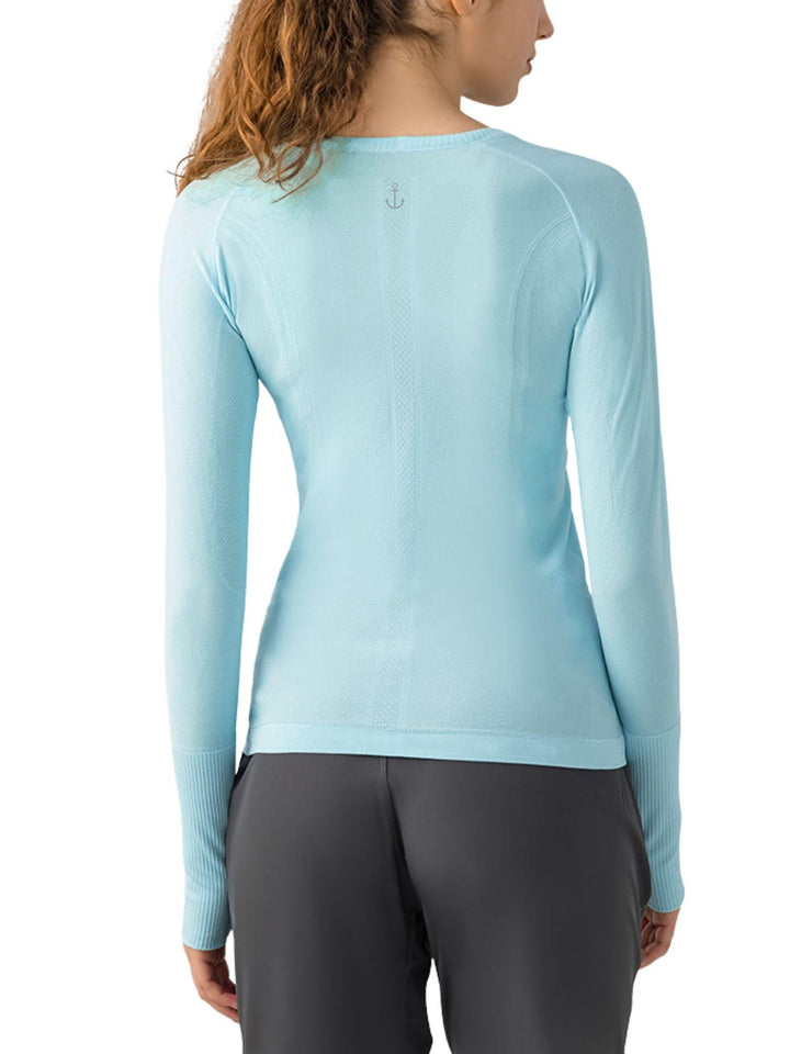 Long Sleeve Navalora Fit Active Tee Swiftly Dupe with Anchor Logo in Aqua Blue on Model Back View