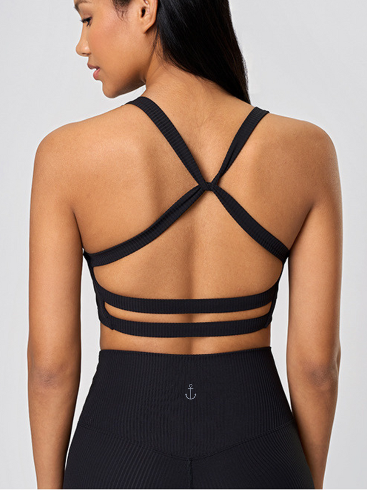 Black Ribbed "Gianna" Twist Open Back Fixed Pads Sports Bra