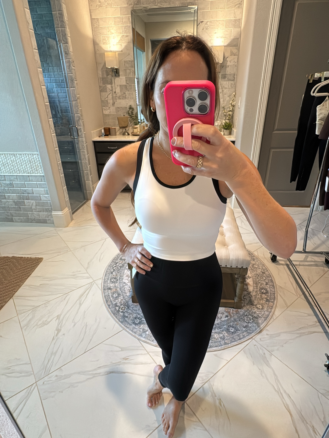 White and Black "Grace" Racerback Tank with Fixed Pads Support