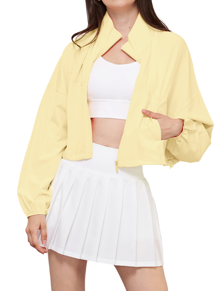 Creamy Yellow "Stella" Lightweight Adjustable Cropped Full Zip Jacket with Pockets