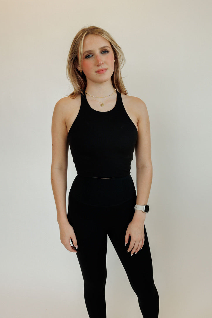 Black "Gia" Open Back Fixed Longline Bra Tank