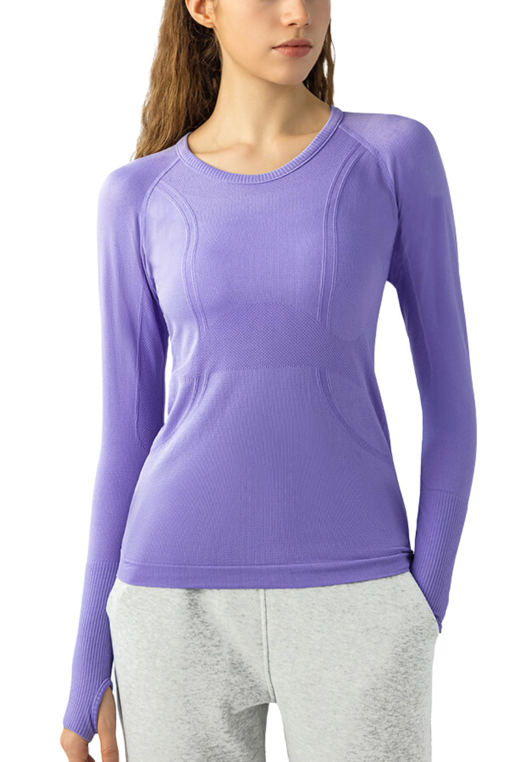 Long Sleeve Navalora Fit Active Tee Swiftly Dupe with Anchor Logo Emblem in Purple on Model