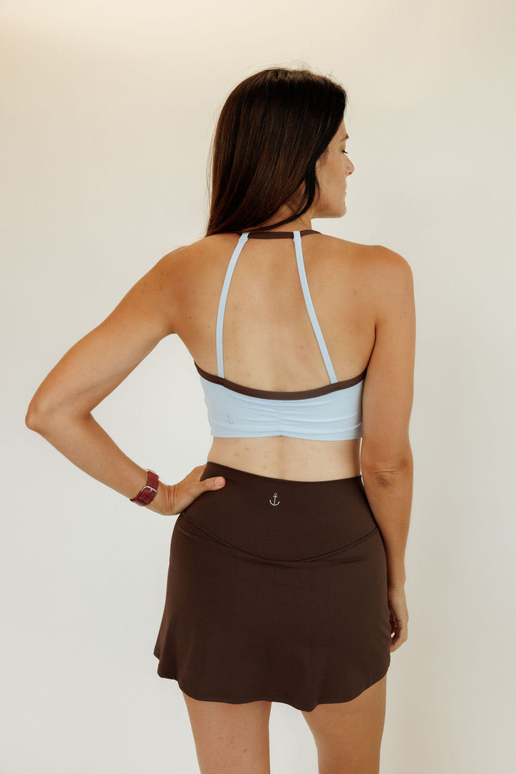 Windmill Blue and Espresso "Everly" Halter Longline Bra with Fixed Pads