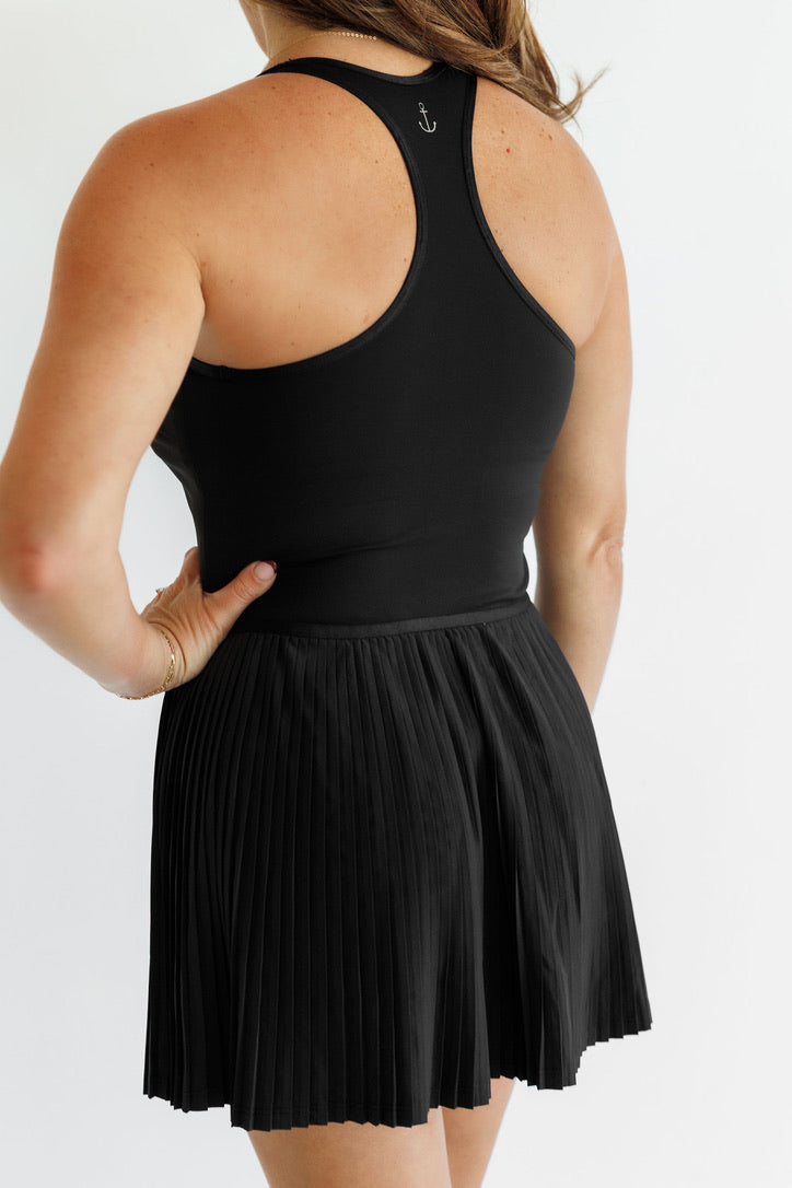 Black "Cameron" Pleated Racerback Dress