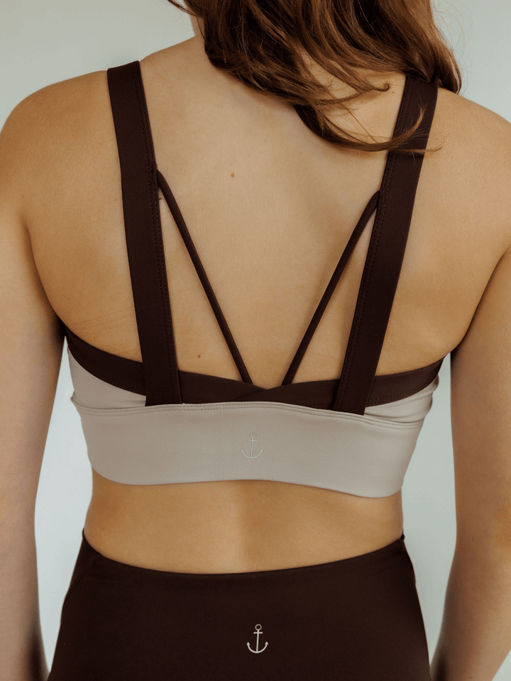 Mocha and Espresso Brown "Cat" High Impact Sports Bra with Fixed Pads