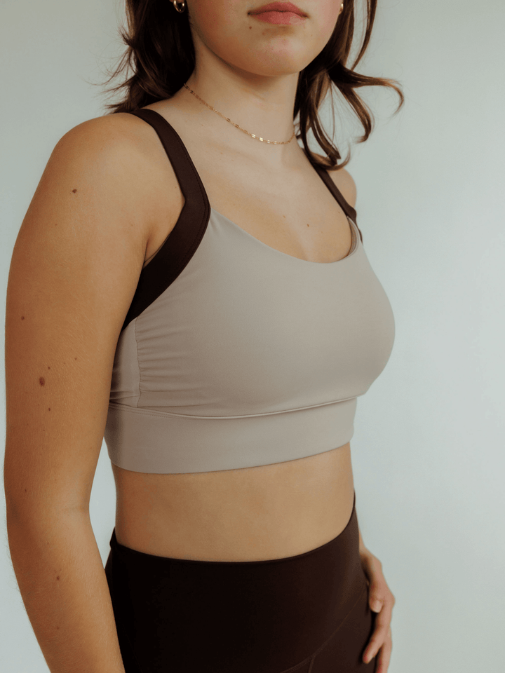 Mocha and Espresso Brown "Cat" High Impact Sports Bra with Fixed Pads