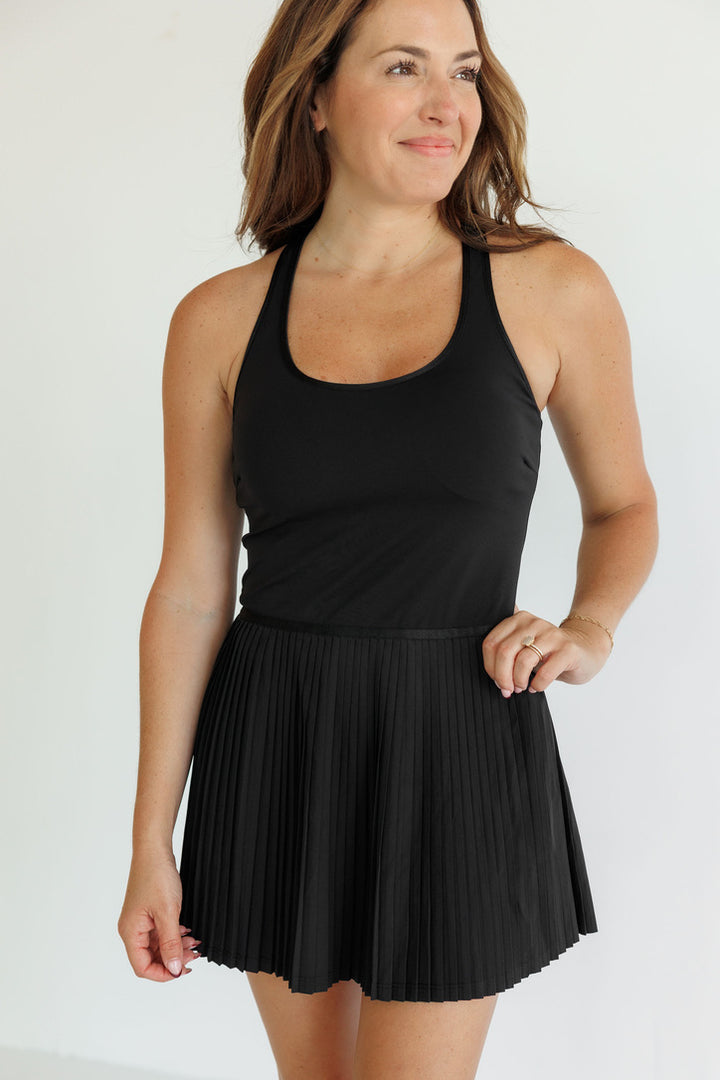 Black "Cameron" Pleated Racerback Dress