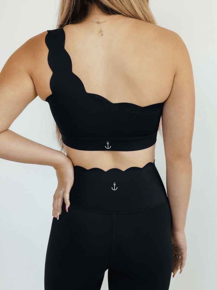 Black "Jasmine" Scallop One Shoulder Sports Bra