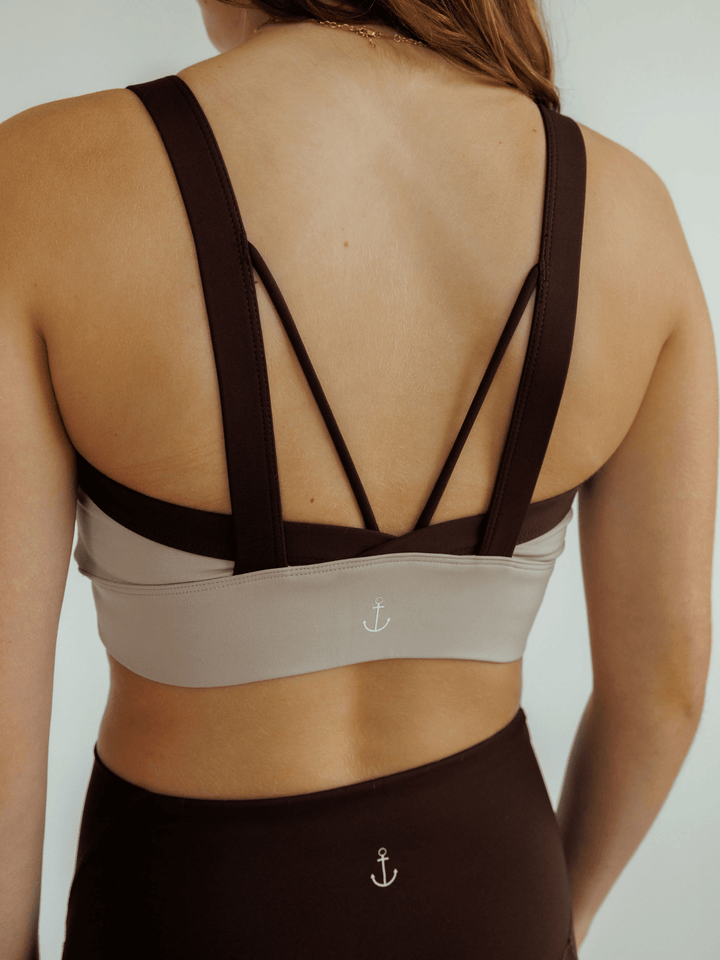 Mocha and Espresso Brown "Cat" High Impact Sports Bra with Fixed Pads