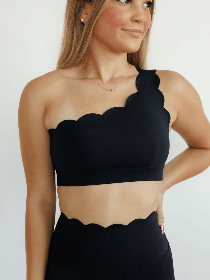 Black "Jasmine" Scallop One Shoulder Sports Bra