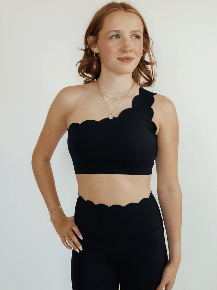 Black "Jasmine" Scallop One Shoulder Sports Bra