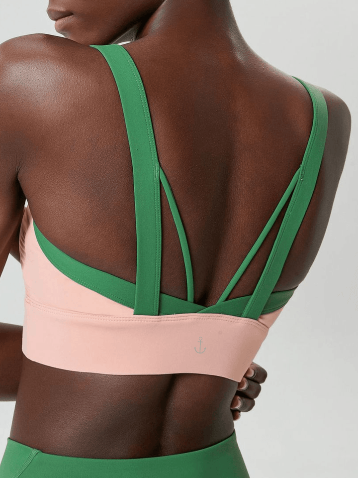 Salmon Pink and Green "Cat" High Impact Sports Bra with Fixed Pads