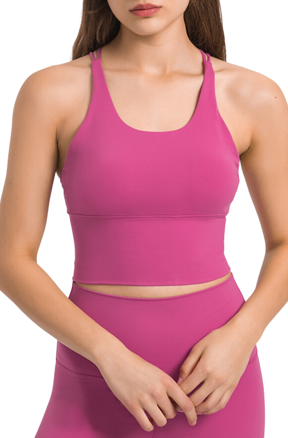Navalora Fit Open Back High Neck Longline Women's Sports Bra in Lychee Pink with Anchor Logo Detail