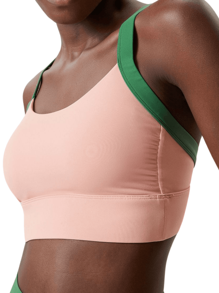 Salmon Pink and Green "Cat" High Impact Sports Bra with Fixed Pads