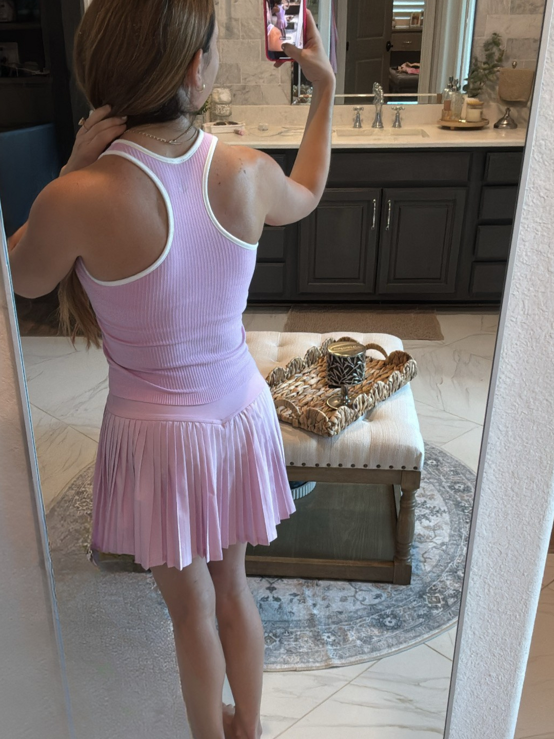 Petal Pink and White "Juliette" Ribbed Racerback Tank with Shelf Bra and Removable Pads