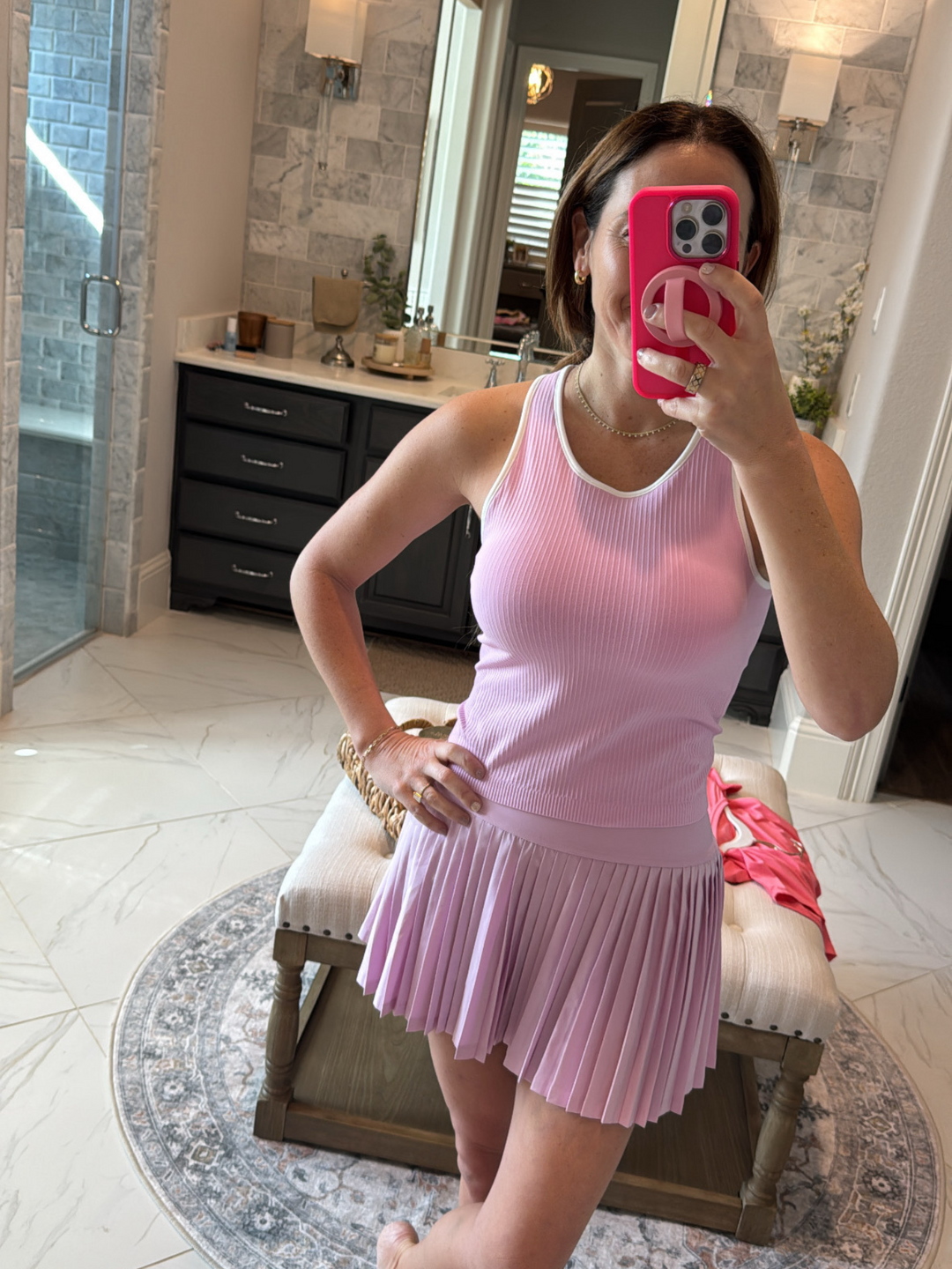 Petal Pink and White "Juliette" Ribbed Racerback Tank with Shelf Bra and Removable Pads