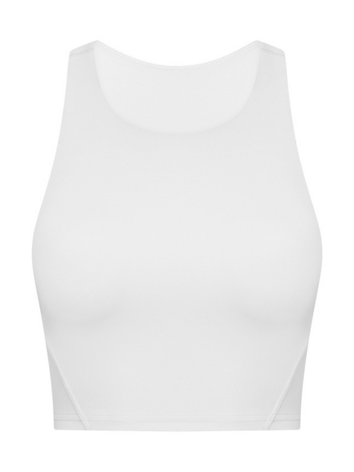 A white, hi-neck racerback bra