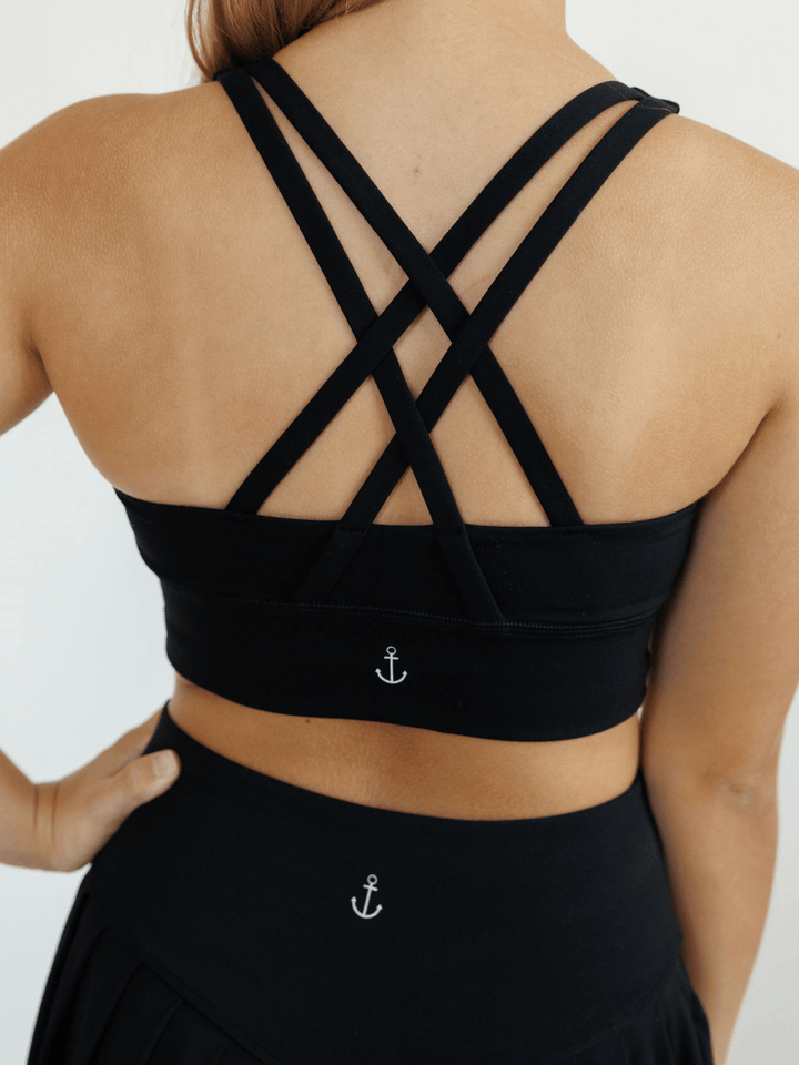 Back of Amelia Strappy Back Bra in Black - Navalora Fit Sports Bra