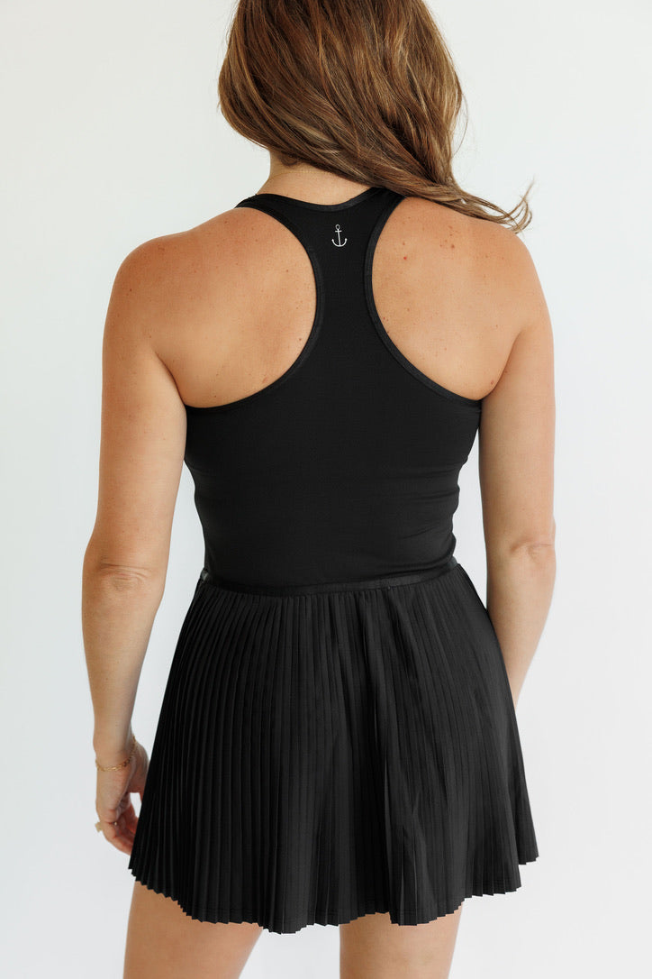 Black "Cameron" Pleated Racerback Dress
