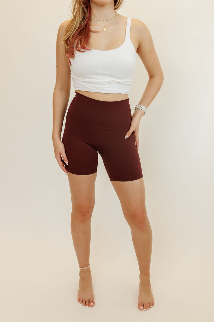 Red Merlot “Mia" Comfort High Rise Quick Dry Second Skin Shorts