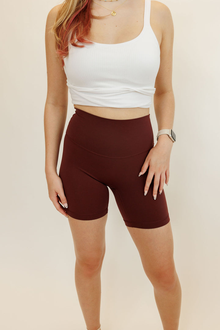 Red Merlot “Mia" Comfort High Rise Quick Dry Second Skin Shorts