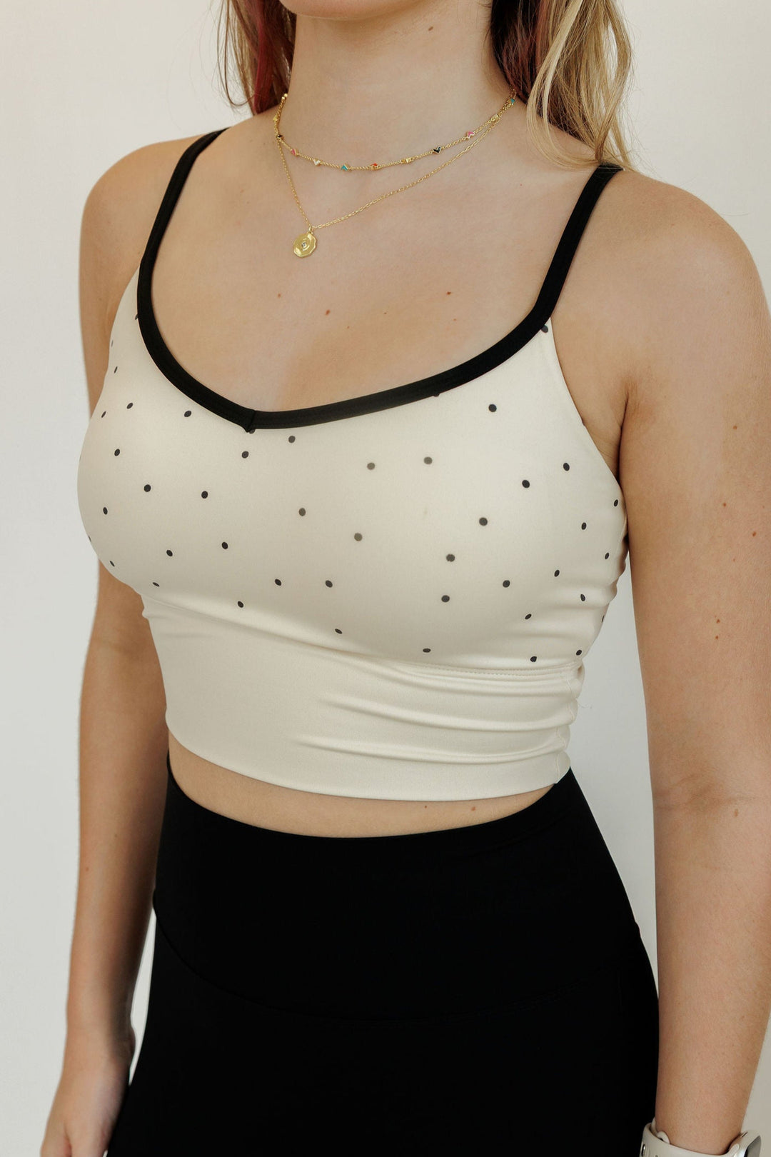 Ivory and Black Polka Dot "Julia" Longline Fixed Pads Sports Bra