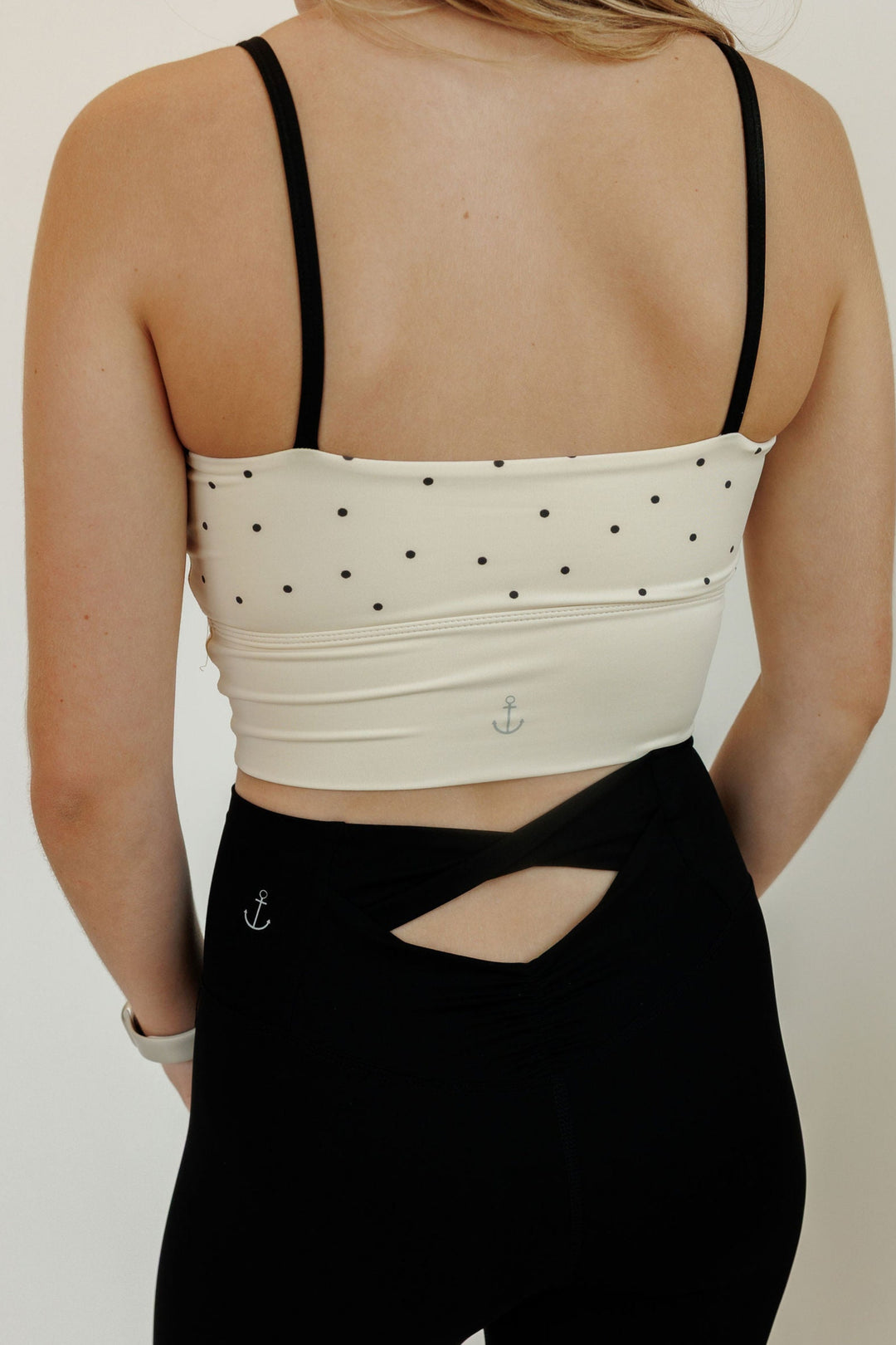Ivory and Black Polka Dot "Julia" Longline Fixed Pads Sports Bra