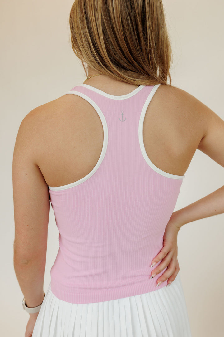 Petal Pink and White "Juliette" Ribbed Racerback Tank with Shelf Bra and Removable Pads